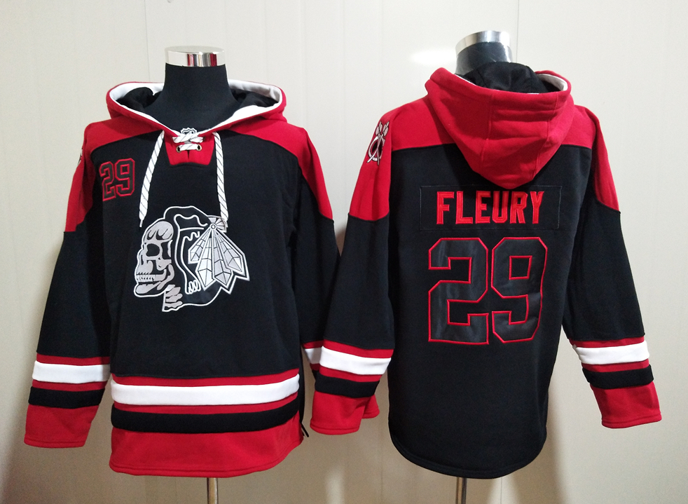 Men's Chicago Blackhawks #29 FLEURY Black All Stitched Hooded Sweatshirt Ageless Must-Have Lace-Up Pullover Hoodie