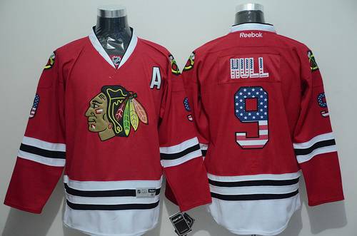 Men's Chicago Blackhawks #9 Bobby Hull USA Flag Fashion Red Jersey