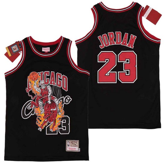 Men's Chicago Bulls #23 Michael Jordan Black Hardwood Classics Skull Edition Jersey