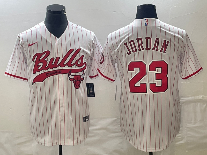 Men's Chicago Bulls #23 Michael Jordan White Pinstripe Cool Base Stitched Baseball Jersey