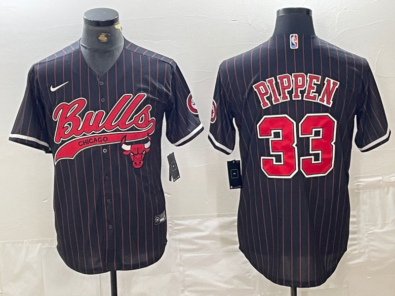 Men's Chicago Bulls #33 Scottie Pippen Black Pinstripe Cool Base Stitched Baseball Jersey