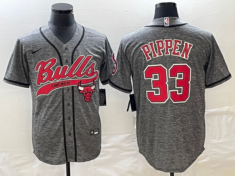 Men's Chicago Bulls #33 Scottie Pippen Grey Gridiron Cool Base Stitched Baseball Jersey
