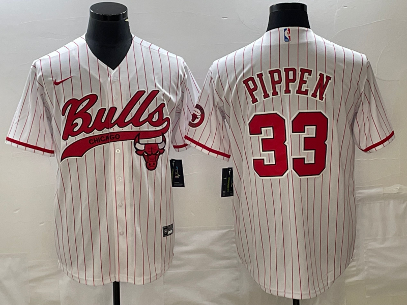 Men's Chicago Bulls #33 Scottie Pippen White Pinstripe Cool Base Stitched Baseball Jersey