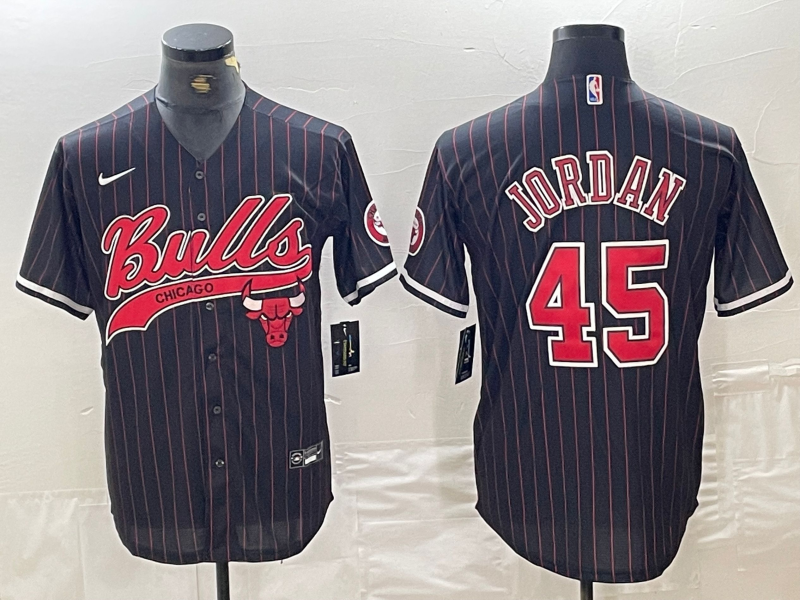 Men's Chicago Bulls #45 Michael Jordan Black Pinstripe Cool Base Stitched Baseball Jersey