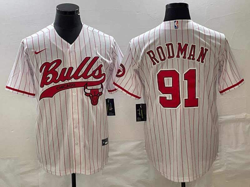 Men's Chicago Bulls #91 Dennis Rodman White Pinstripe Cool Base Stitched Baseball Jersey