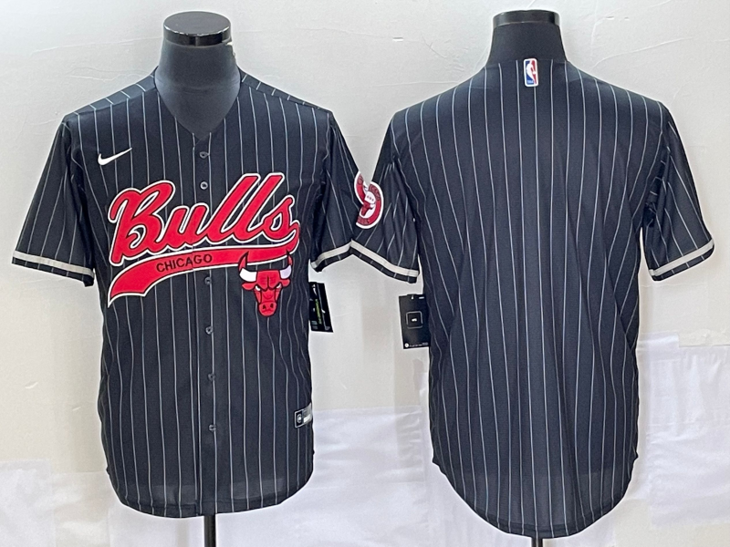 Men's Chicago Bulls Blank Black Pinstripe Cool Base Stitched Baseball Jersey