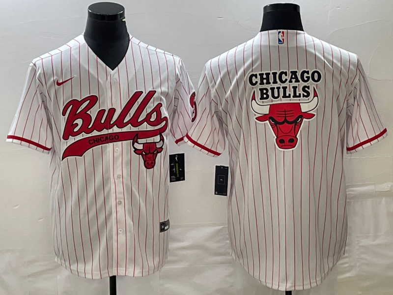 Men's Chicago Bulls Blank White Pinstripe Cool Base Stitched Baseball Jersey