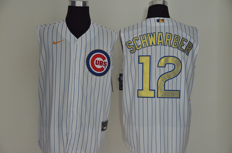 Men's Chicago Cubs #12 Kyle Schwarber White Gold 2020 Cool and Refreshing Sleeveless Fan Stitched MLB Nike Jersey