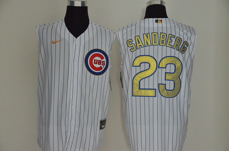 Men's Chicago Cubs #23 Ryne Sandberg White Gold 2020 Cool and Refreshing Sleeveless Fan Stitched MLB Nike Jersey