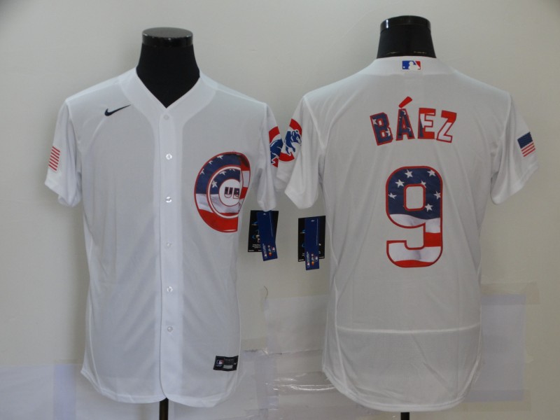 Men's Chicago Cubs #9 Javier Baez Blue White USA Flag Stitched MLB Flex Base Nike Jersey
