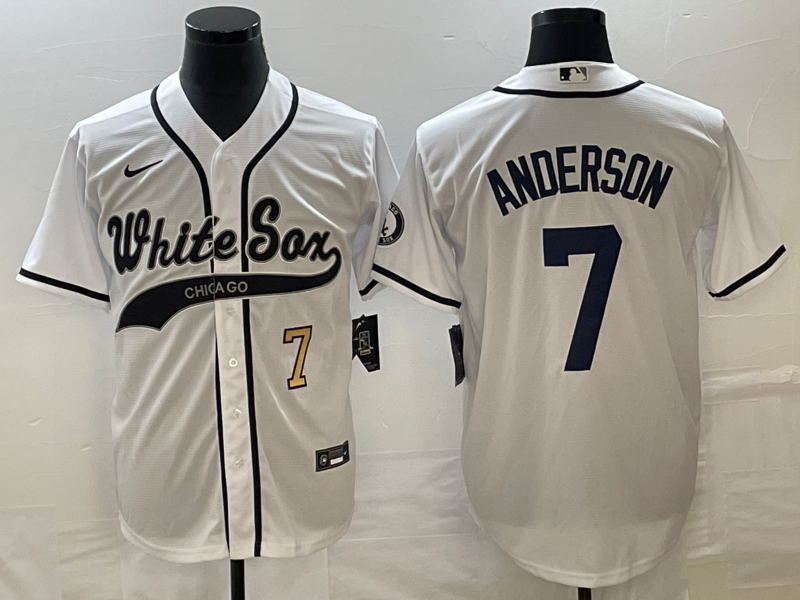 Men's Chicago White Sox #7 Tim Anderson Number White Cool Base Stitched Baseball Jersey