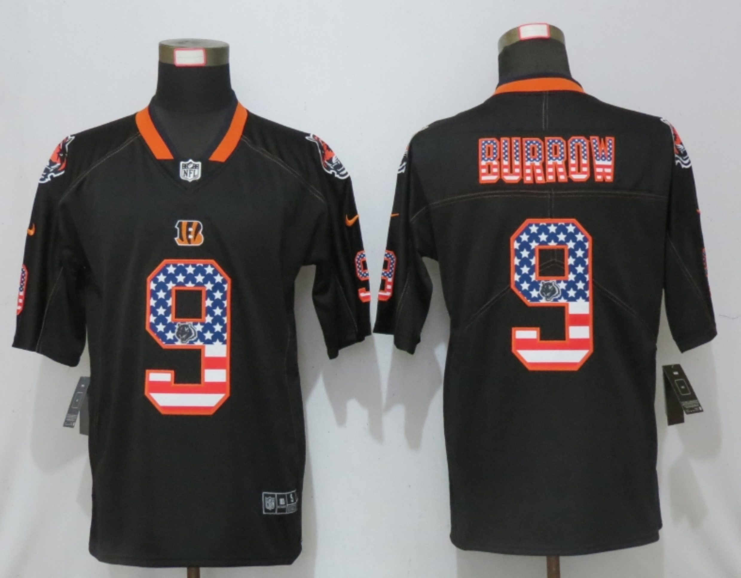 Men's Cincinnati Bengals #9 Joe Burrow 2020 USA Flag Fashion Black Color Rush Stitched Nike Limited Jersey