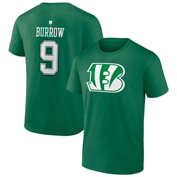 Men's Cincinnati Bengals #9 Joe Burrow Green St. Patrick's Day Icon Player T-Shirt
