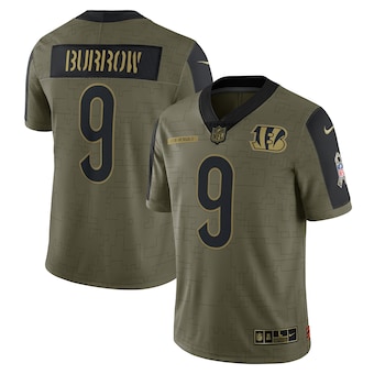 Men's Cincinnati Bengals #9 Joe Burrow Nike Olive 2021 Salute To Service Limited Player Jersey