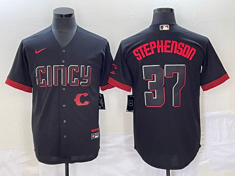 Men's Cincinnati Reds #37 Tyler Stephenson Black 2023 City Connect Cool Base Stitched Jersey1