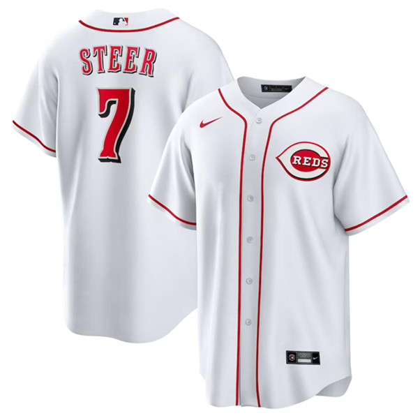 Men's Cincinnati Reds #7 Spencer Steer White Cool Base Stitched Baseball Jersey