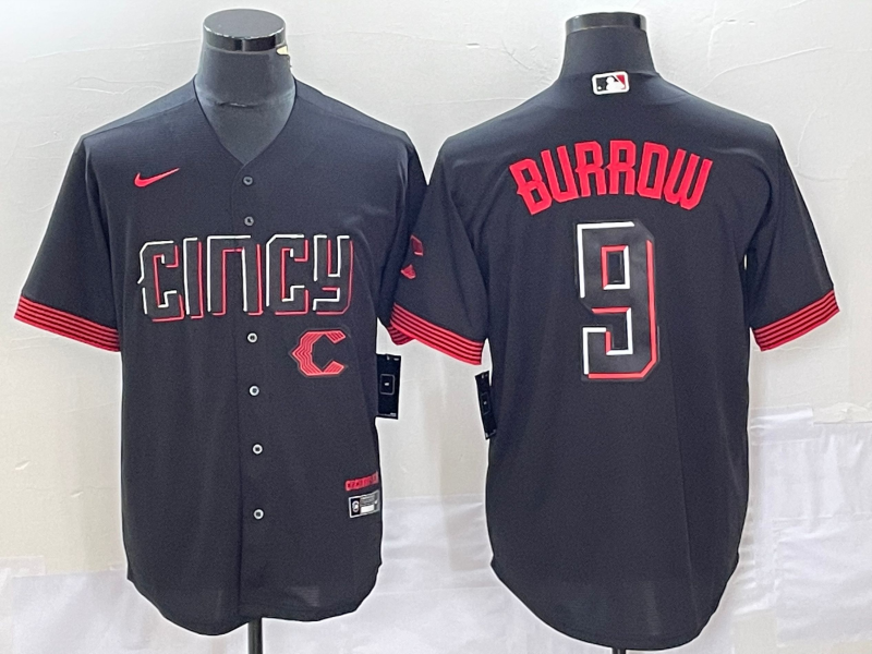 Men's Cincinnati Reds #9 Joe Burrow Black 2023 City Connect Cool Base Stitched Baseball Jersey1