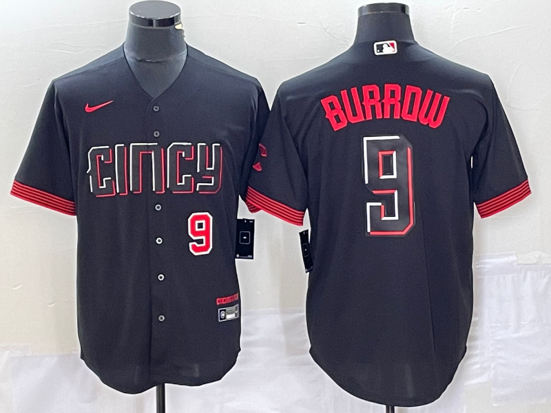 Men's Cincinnati Reds #9 Joe Burrow Number Black 2023 City Connect Cool Base Stitched Baseball Jersey