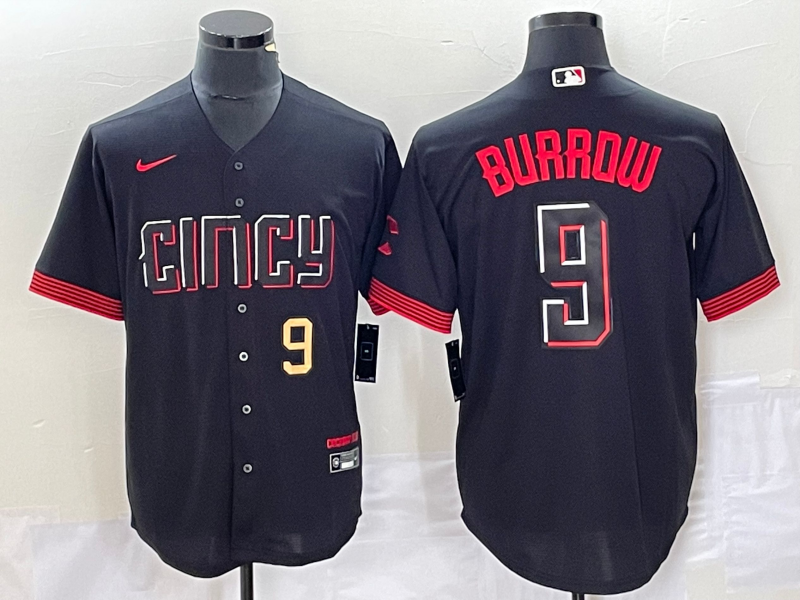 Men's Cincinnati Reds #9 Joe Burrow Number Black 2023 City Connect Cool Base Stitched Baseball Jersey1