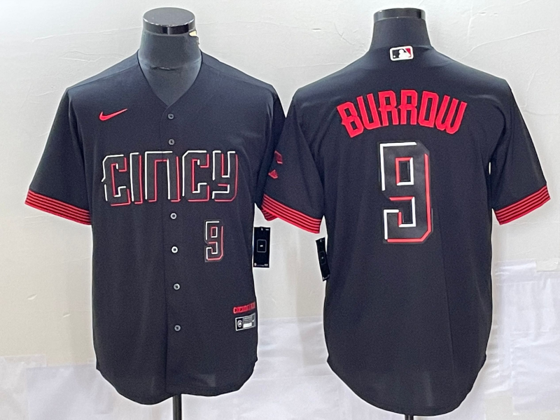 Men's Cincinnati Reds #9 Joe Burrow Number Black 2023 City Connect Cool Base Stitched Baseball Jersey2