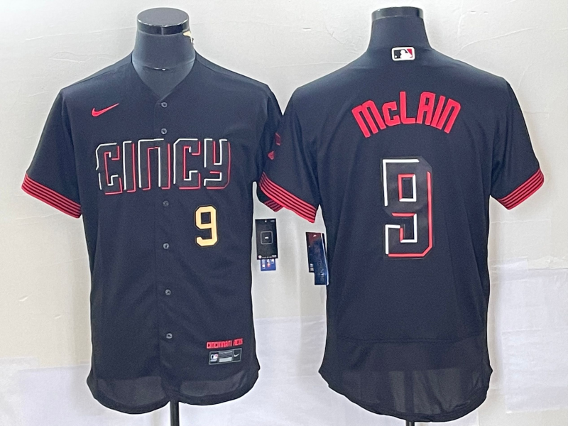 Men's Cincinnati Reds #9 Matt McLain Number Black 2023 City Connect Flex Base Stitched Jersey1