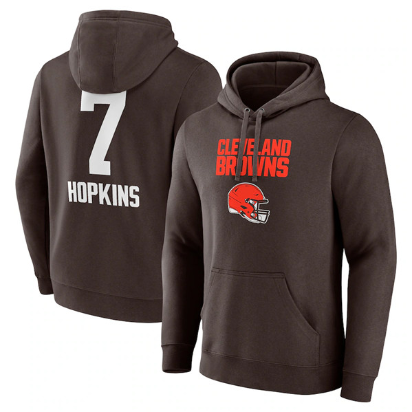 Men's Cleveland Browns #7 Dustin Hopkins Brown Team Wordmark Player Name & Number Pullover Hoodie