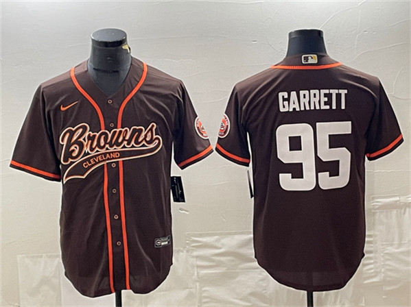 Men's Cleveland Browns #95 Myles Garrett Brown With Patch Cool Base Stitched Baseball Jersey
