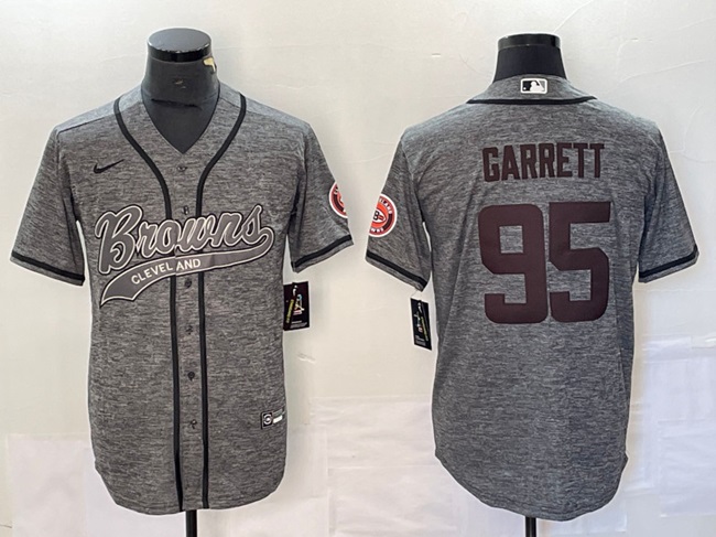 Men's Cleveland Browns #95 Myles Garrett Gray With Patch Cool Base Stitched Baseball Jersey