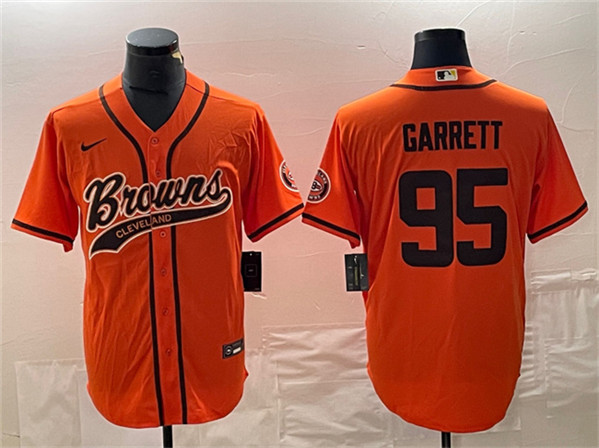 Men's Cleveland Browns #95 Myles Garrett Orange With Patch Cool Base Stitched Baseball Jersey
