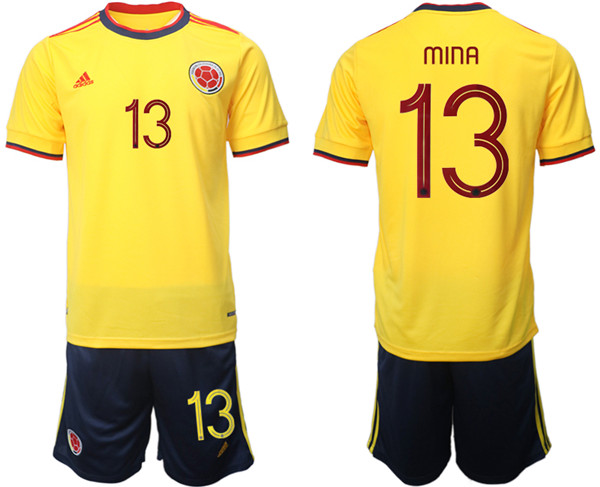 Men's Colombia #13 Mina Yellow Home Soccer 2022 FIFA World Cup Jerseys Suit