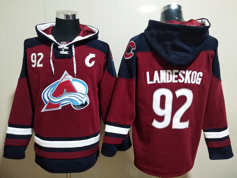 Men's Colorado Avalanche #92 Gabriel Landeskog Dark Red All Stitched Hooded Sweatshirt Ageless Must-Have Lace-Up Pullover Hoodie