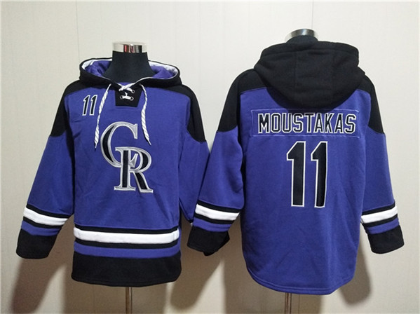 Men's Colorado Rockies #11 Mike Moustakas Purple Ageless Must-Have Lace-Up Pullover Hoodie