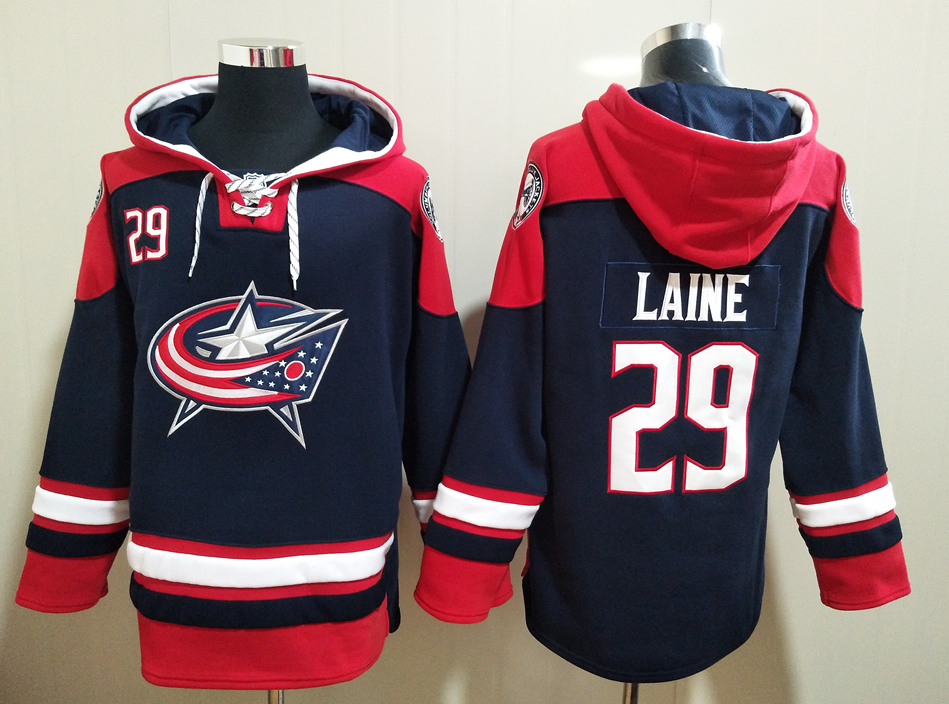 Men's Columbus Blue Jackets #29 LAINE Dark Blue All Stitched Hooded Sweatshirt Ageless Must-Have Lace-Up Pullover Hoodie