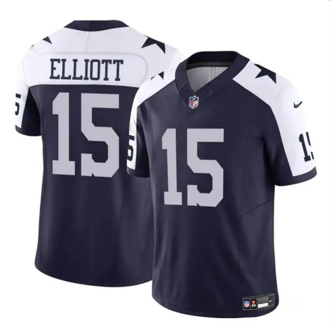 Men's Dallas Cowboys #15 Ezekiel Elliott Navy White 2023 F.U.S.E Thanksgiving Vapor Limited Football Stitched Jersey