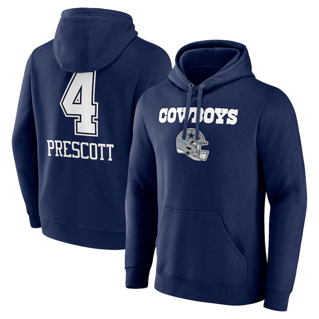 Men's Dallas Cowboys #4 Dak Prescott Navy Team Wordmark Player Name & Number Pullover Hoodie