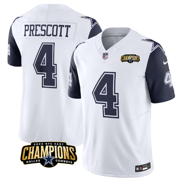 Men's Dallas Cowboys #4 Dak Prescott White Navy 2023 F.U.S.E. NFC East Champions Patch Football Stitched Jersey