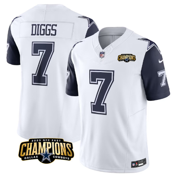 Men's Dallas Cowboys #7 Trevon Diggs White Navy 2023 F.U.S.E. NFC East Champions Patch Football Stitched Jersey