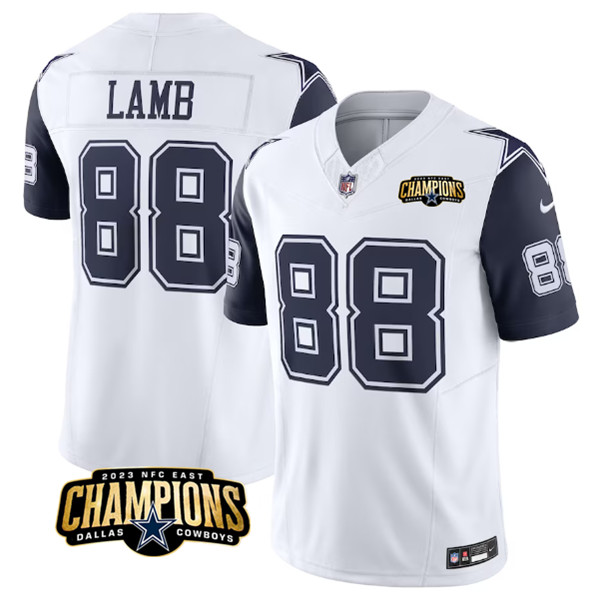 Men's Dallas Cowboys #88 CeeDee Lamb White Navy 2023 F.U.S.E. NFC East Champions Patch Football Stitched Jersey