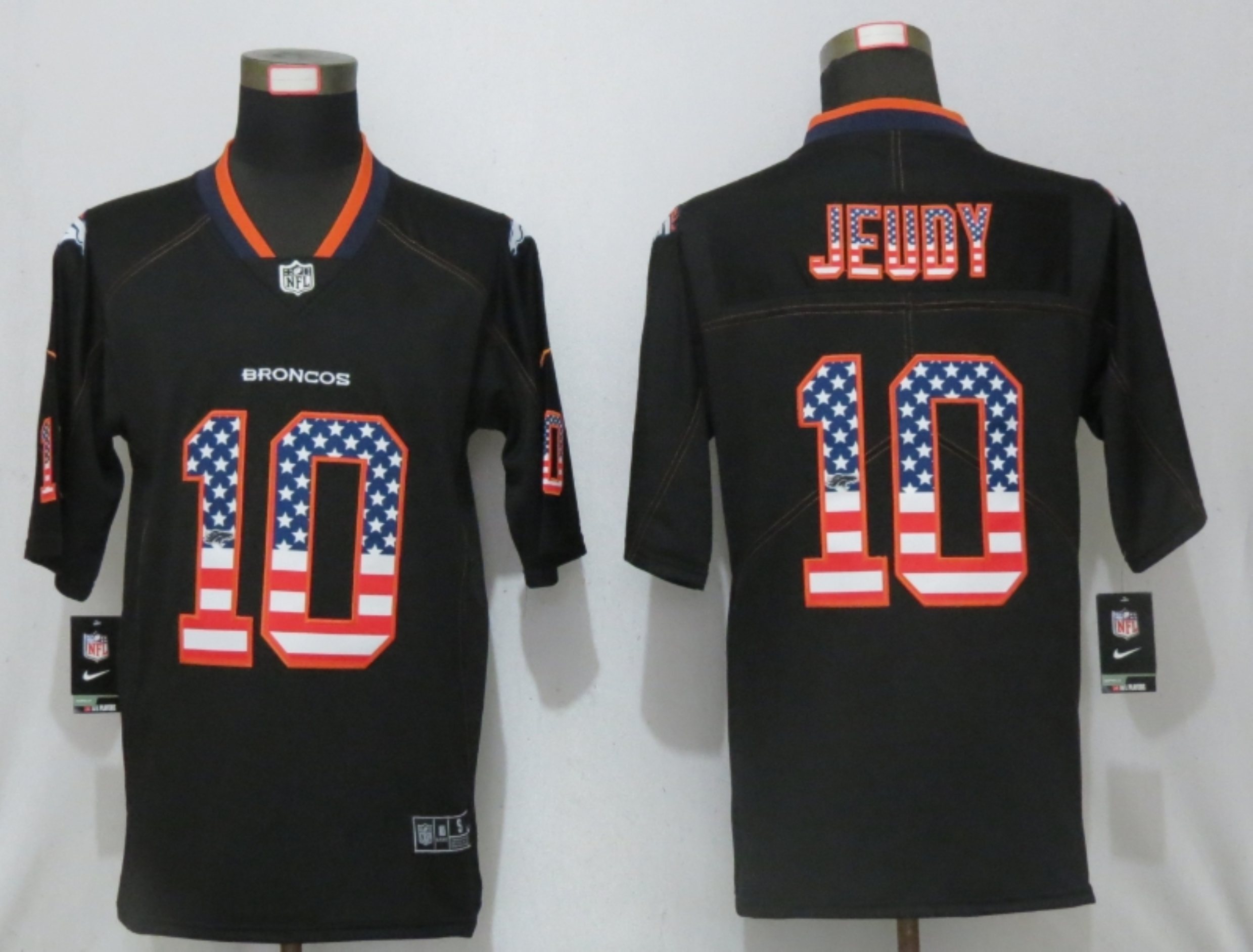 Men's Denver Broncos #10 Jerry Jeudy 2020 USA Flag Fashion Black Color Rush Stitched Nike Limited Jersey