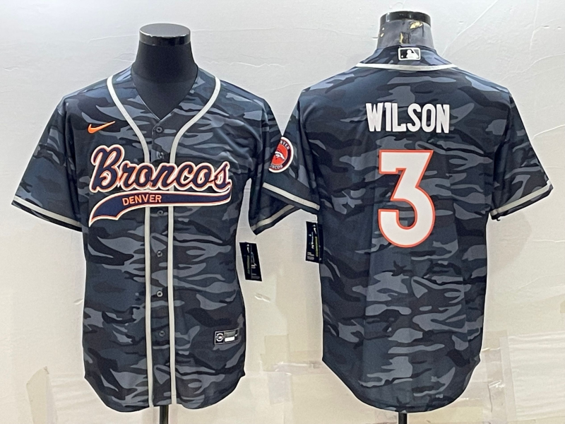 Men's Denver Broncos #3 Russell Wilson Grey Camo With Patch Cool Base Stitched Baseball Jersey