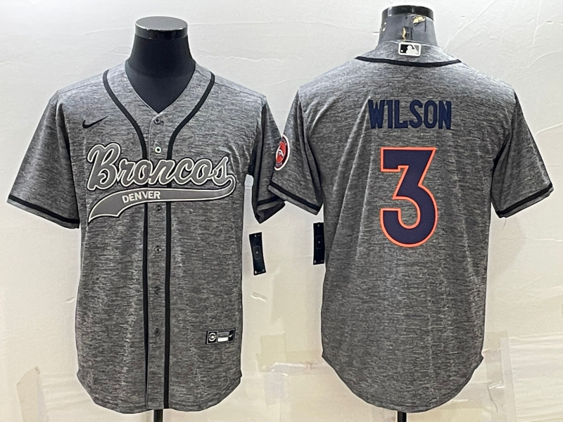 Men's Denver Broncos #3 Russell Wilson Grey Gridiron With Patch Cool Base Stitched Baseball Jersey