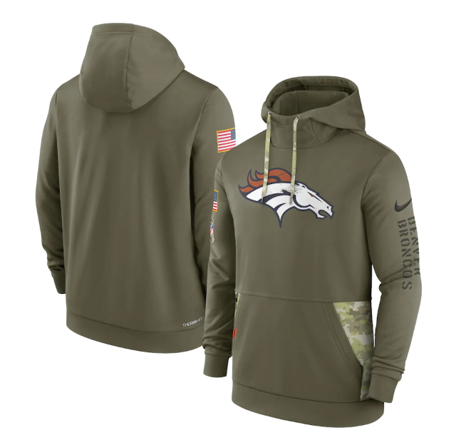 Men's Denver Broncos 2022 Olive Salute To Service Therma Performance Pullover Hoodie