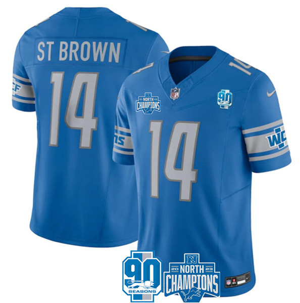 Men's Detroit Lions #14 Amon-Ra St. Brown Blue 2023 90th Anniversary North Division Champions Patch Limited Stitched Jersey