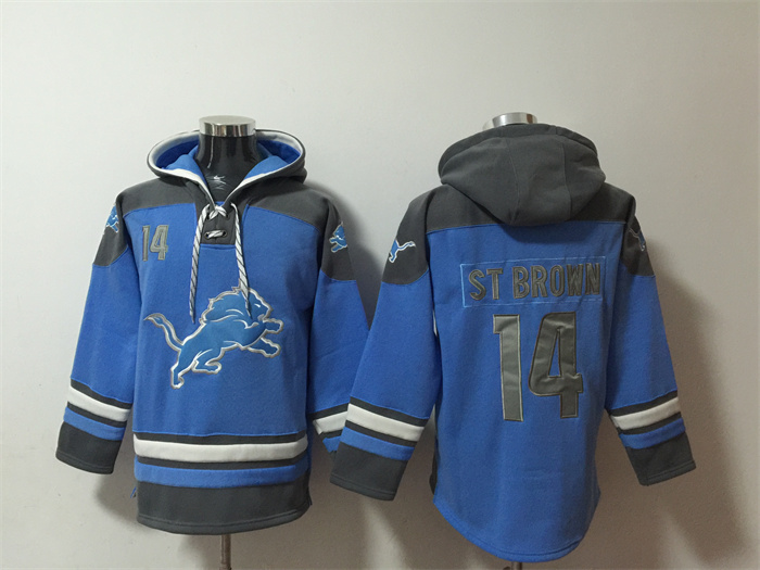 Men's Detroit Lions #14 Amon-Ra St. Brown Blue Ageless Must-Have Lace-Up Pullover Hoodie