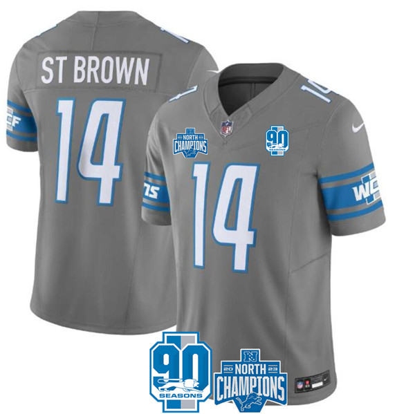 Men's Detroit Lions #14 Amon-Ra St. Brown Gray 2023 90th Anniversary North Division Champions Patch Limited Stitched Jersey