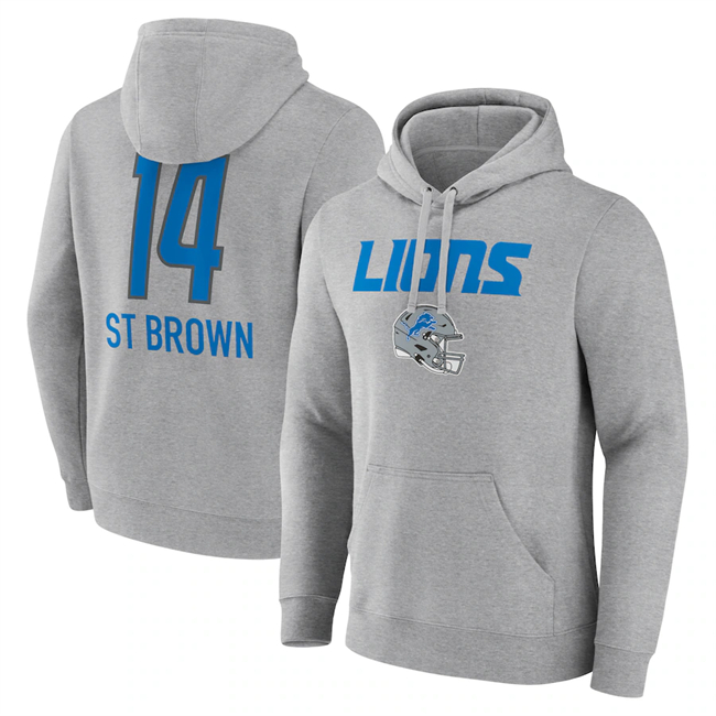 Men's Detroit Lions #14 Amon-Ra St. Brown Heather Gray Team Wordmark Player Name & Number Pullover Hoodie