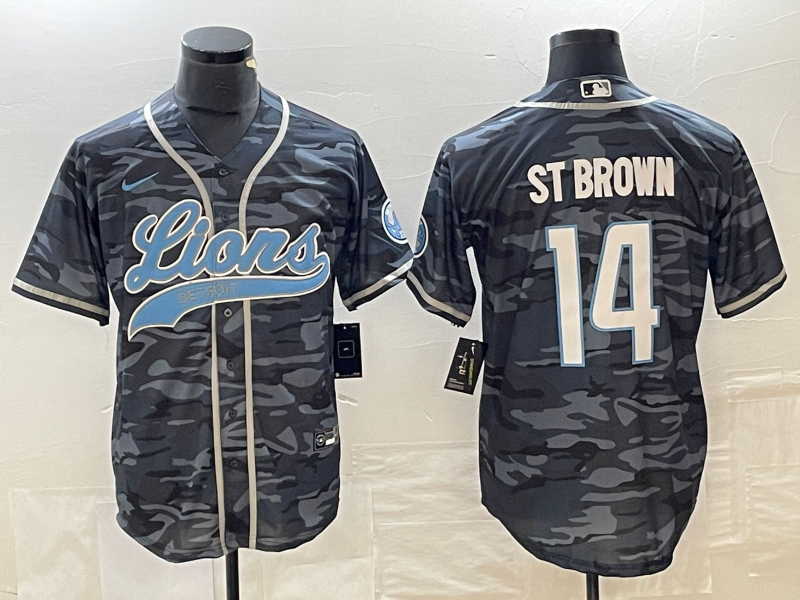 Men's Detroit Lions #14 Amon Ra St Brown Grey Camo With Patch Cool Base Stitched Baseball Jersey