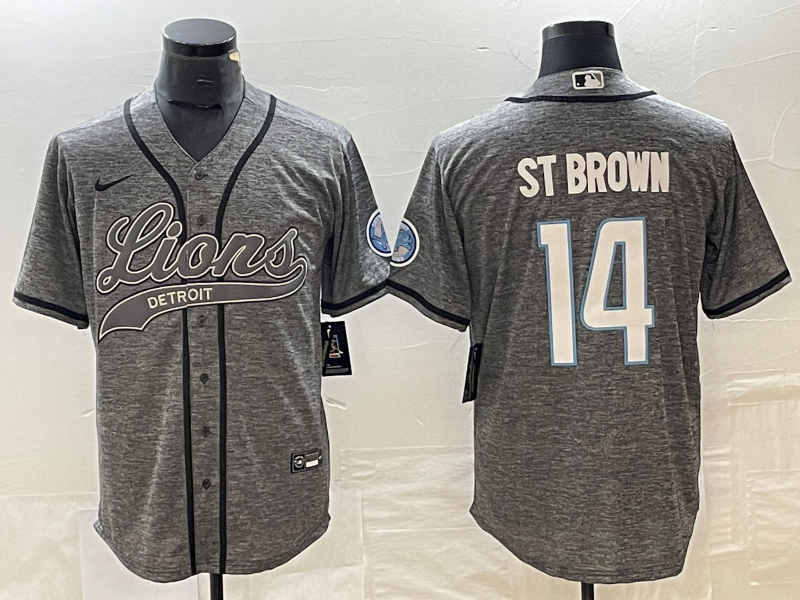 Men's Detroit Lions #14 Amon Ra St Brown Grey Gridiron With Patch Cool Base Stitched Baseball Jersey
