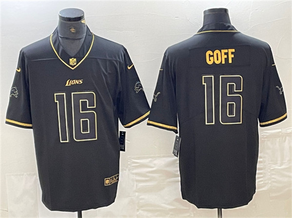 Men's Detroit Lions #16 Jared Goff Black Gold Edition Football Stitched Jersey