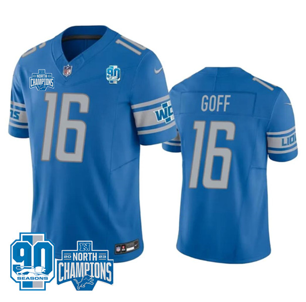 Men's Detroit Lions #16 Jared Goff Blue 2023 90th Anniversary North Division Champions Patch Limited Stitched Jersey